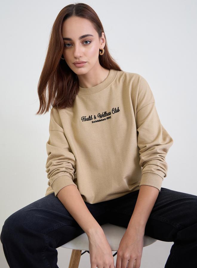 Styli Tan Oversized Embroidered Sweatshirt - Image 1