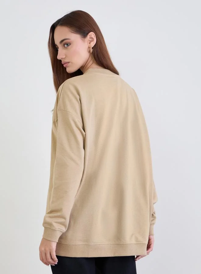 Styli Tan Oversized Embroidered Sweatshirt