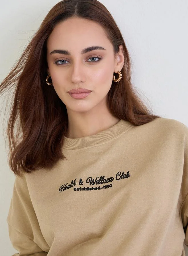 Styli Tan Oversized Embroidered Sweatshirt