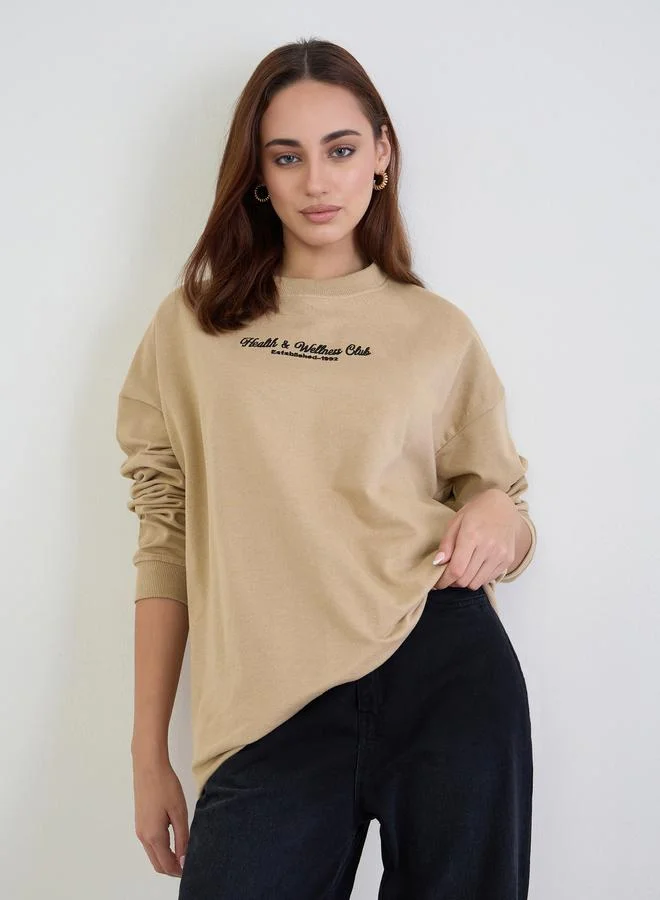 Styli Tan Oversized Embroidered Sweatshirt