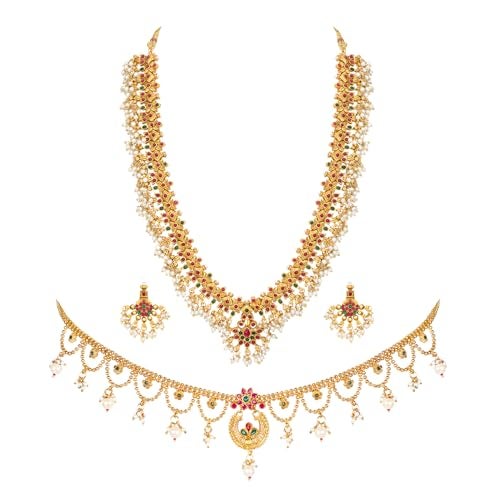 Peora Combo of Red Green Necklace Set with Red Green Waist Belt Gift for Women_1 - Image 1