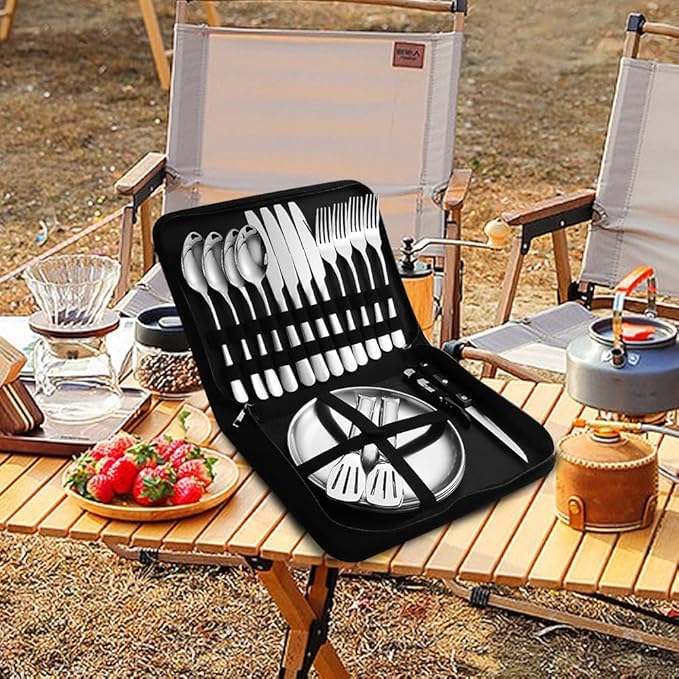 RELEMTRA Camping Silverware Set with Case 20 Pcs Camping Mess Kit with Stainless Steel Plates Picnic Set for 4 Travel Silverware Set Camping Utensils for Eating Portable Cutlery Set 4 People - Image 3