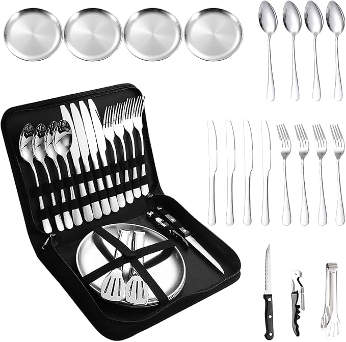 RELEMTRA Camping Silverware Set with Case 20 Pcs Camping Mess Kit with Stainless Steel Plates Picnic Set for 4 Travel Silverware Set Camping Utensils for Eating Portable Cutlery Set 4 People - Image 1