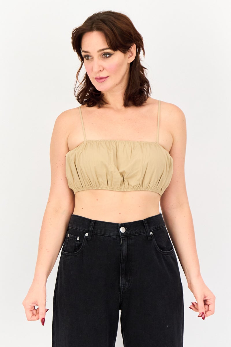 Lefties Women Square Neck Sleeveless Solid Top, Dark Beige - Image 1