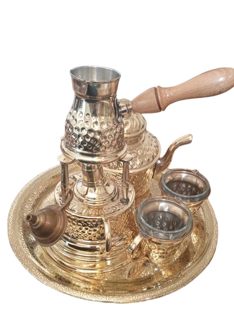 كانكا طقم القهوة التركية 8 قطع من النحاس الخالص سبرتاية , براد شاي,كنكة ,صينية منقوشة , 2 كوب نحاس ,2 كوب زجاج - Image 1