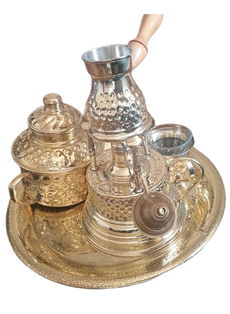 كانكا طقم القهوة التركية 8 قطع من النحاس الخالص سبرتاية , براد شاي,كنكة ,صينية منقوشة , 2 كوب نحاس ,2 كوب زجاج - Image 3