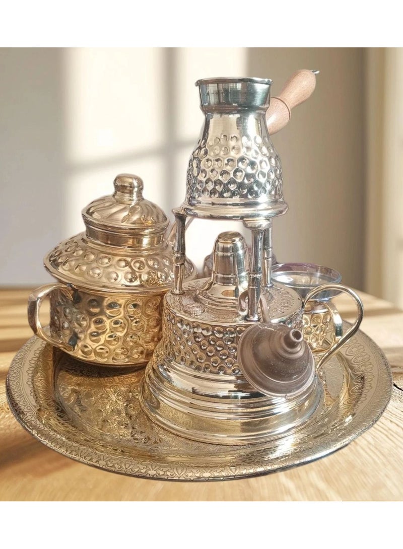 كانكا طقم القهوة التركية 8 قطع من النحاس الخالص سبرتاية , براد شاي,كنكة ,صينية منقوشة , 2 كوب نحاس ,2 كوب زجاج - Image 2