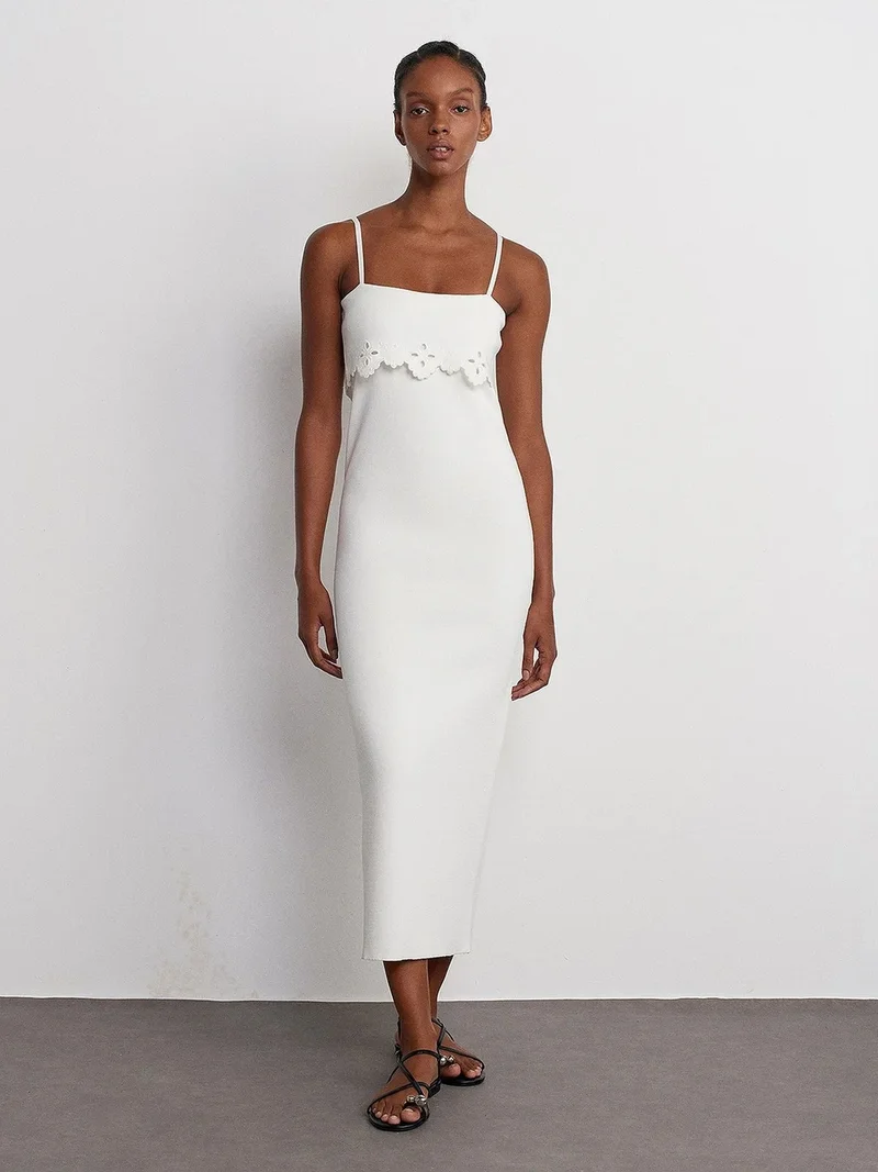 ديلفين DILVIN Ribbed Bodycon Midi Dress With Square Neck