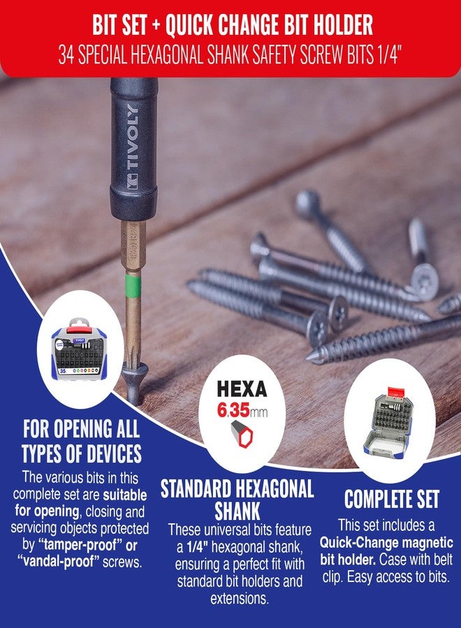 TIVOLY - Bit + Magnetic Bit Holder Set - 34 Special Hexagonal Shank Safety Screw Bits 1/4’’ - Image 2