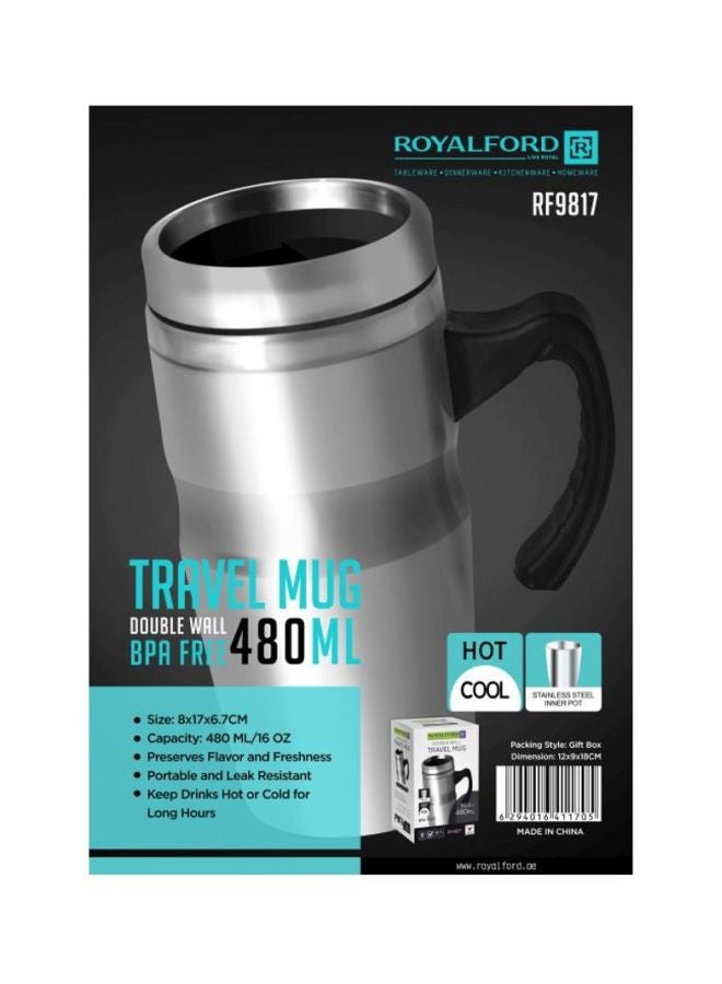 Royalford 480Ml Double Wall Stainless Steel Travel Mug Ss Inner Pot 12X9X18Cm Silver - Image 2