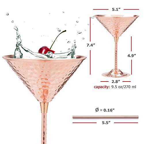 Mosscoff Copper martini glasses set of 2-9.5oz - with 2 copper straws. Hand hammered replacement for Moscow Mule copper mugs. A gift set for 7th anniversary wedding. - Image 2
