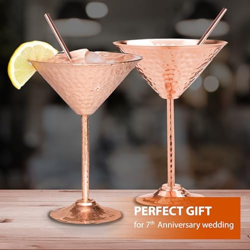 Mosscoff Copper martini glasses set of 2-9.5oz - with 2 copper straws. Hand hammered replacement for Moscow Mule copper mugs. A gift set for 7th anniversary wedding. - Image 5