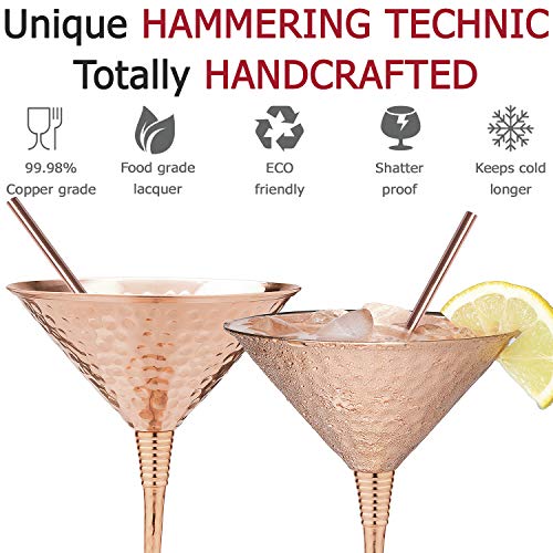 Mosscoff Copper martini glasses set of 2-9.5oz - with 2 copper straws. Hand hammered replacement for Moscow Mule copper mugs. A gift set for 7th anniversary wedding. - Image 3