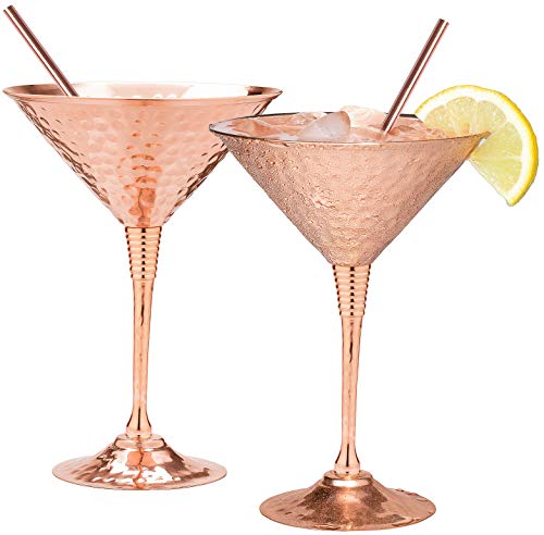 Mosscoff Copper martini glasses set of 2-9.5oz - with 2 copper straws. Hand hammered replacement for Moscow Mule copper mugs. A gift set for 7th anniversary wedding. - Image 1