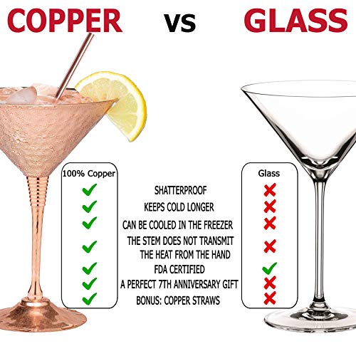 Mosscoff Copper martini glasses set of 2-9.5oz - with 2 copper straws. Hand hammered replacement for Moscow Mule copper mugs. A gift set for 7th anniversary wedding. - Image 4