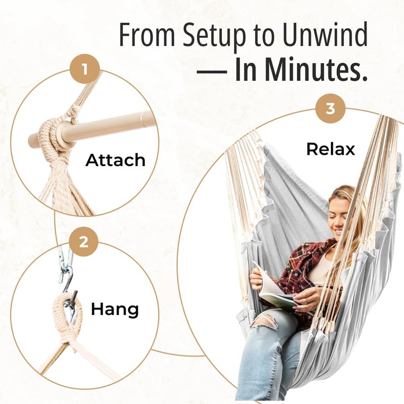 EXTIRIO Hanging Hammock Chair Swing - Hammock Swing Chair with Foot Rest - Indoor/Outdoor Hanging Chair - Quick & Easy Setup with Durable Hardware â€“ Spacious Full Body Support â€“ Holds 440 Lbs - Image 3