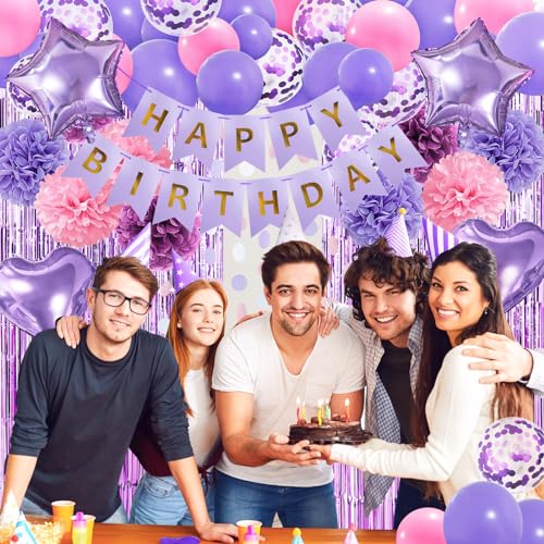 ZERODECO Pink Purple Birthday Party Decorations for Women Girls Happy Birthday Banner Pompoms Balloon Arch Fringe Curtain Party Dcor for Baby Girls Women Purple Pink Party - Image 5