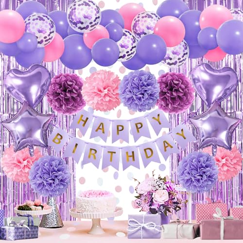 ZERODECO Pink Purple Birthday Party Decorations for Women Girls Happy Birthday Banner Pompoms Balloon Arch Fringe Curtain Party Dcor for Baby Girls Women Purple Pink Party - Image 1