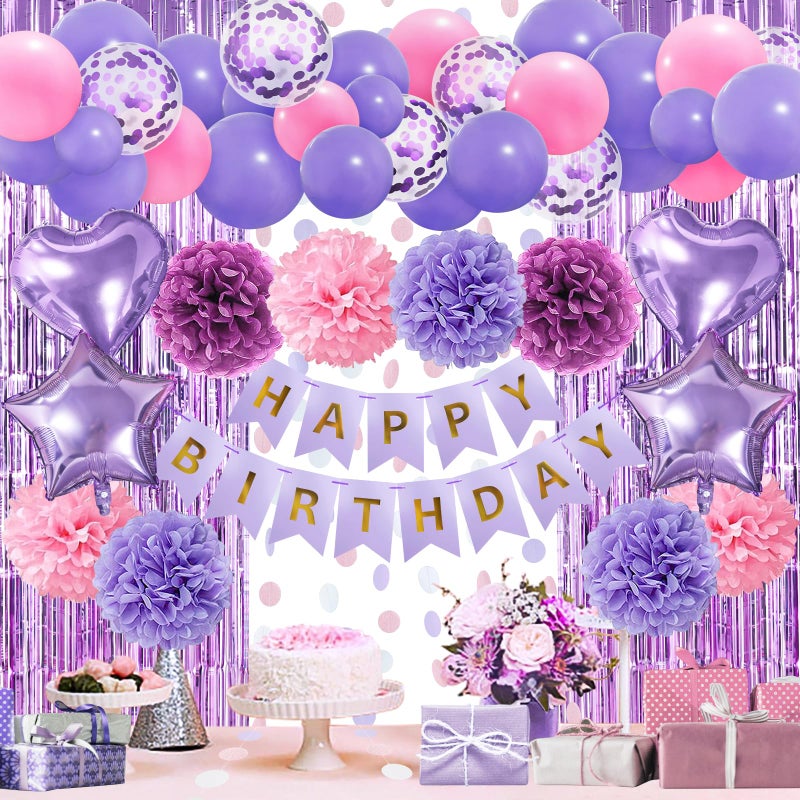 ZERODECO Pink Purple Birthday Party Decorations for Women Girls Happy Birthday Banner Pompoms Balloon Arch Fringe Curtain Party Dcor for Baby Girls Women Purple Pink Party - Image 3