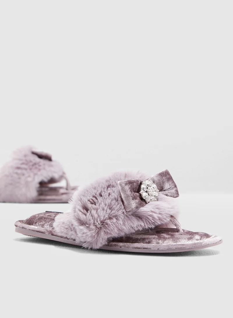 Pretty You London Faux-Fur Toe-Post With Diamante Embellishment