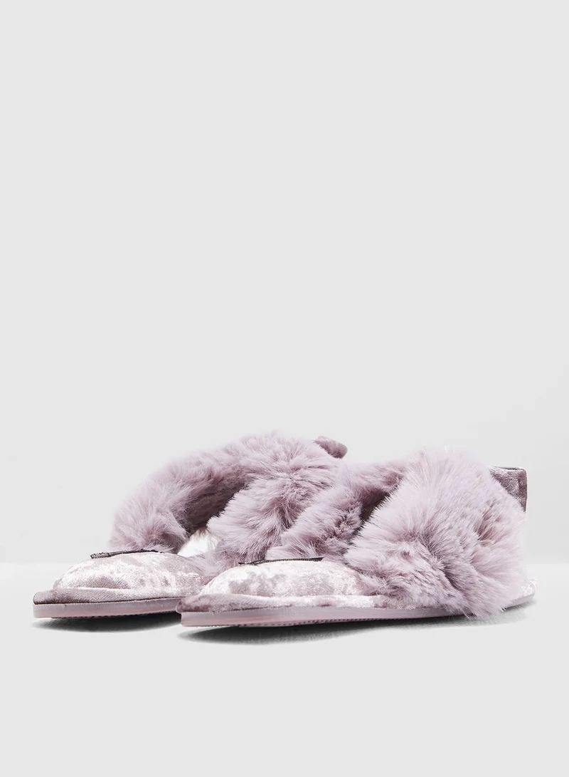 Pretty You London Faux-Fur Toe-Post With Diamante Embellishment