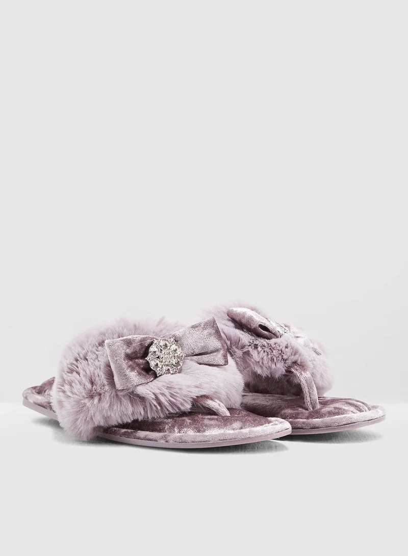 Pretty You London Faux-Fur Toe-Post With Diamante Embellishment
