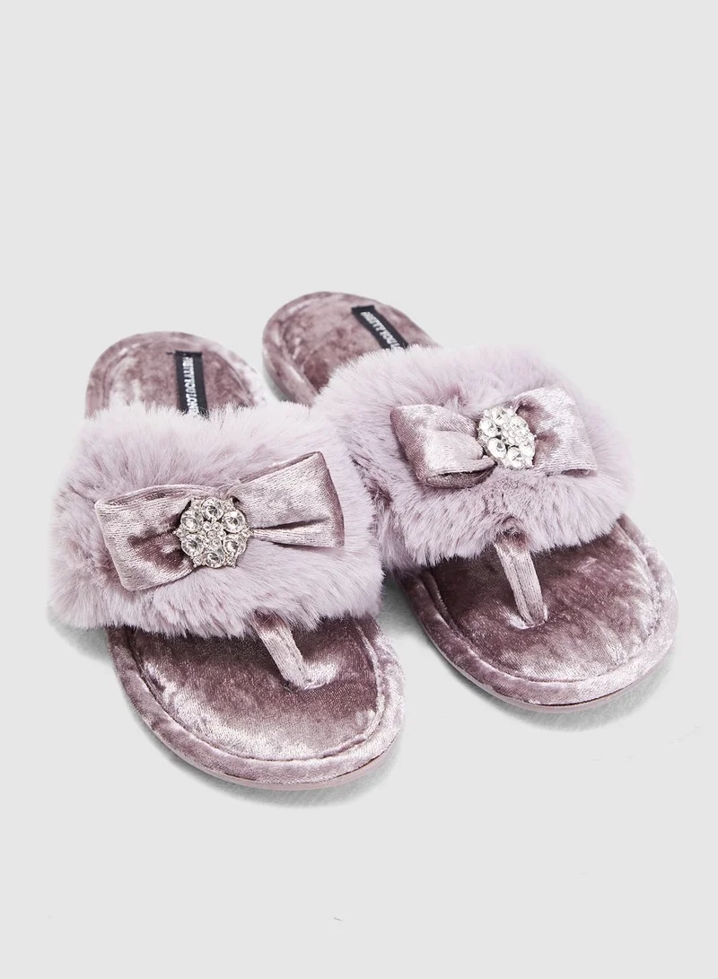 Pretty You London Faux-Fur Toe-Post With Diamante Embellishment