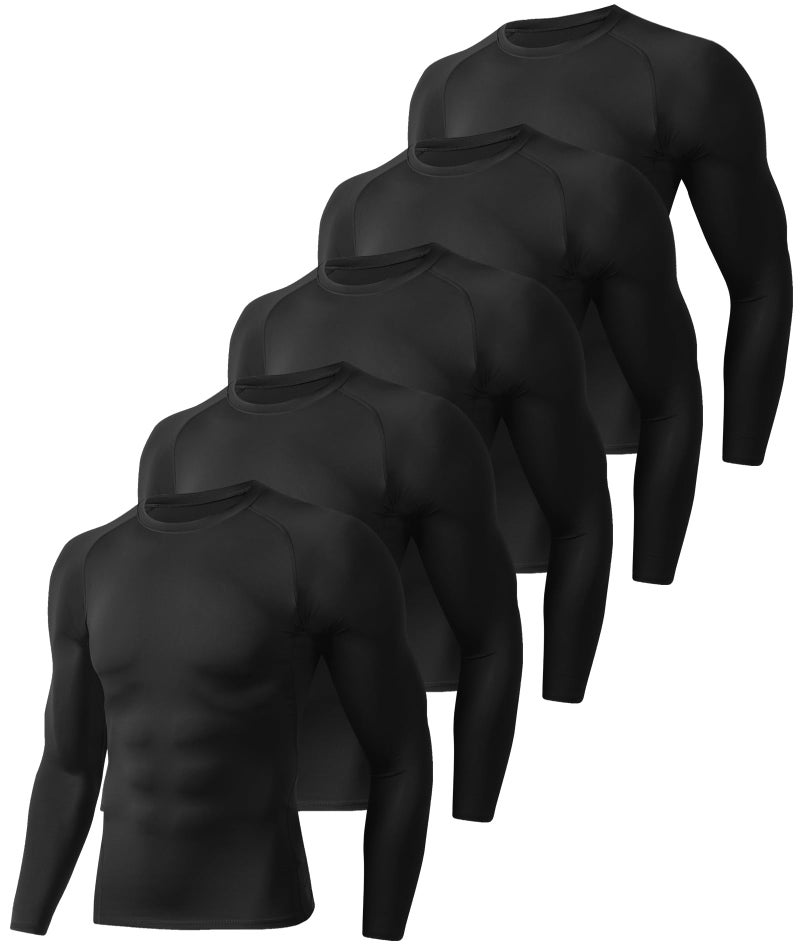 BOOJO 5 Pack Long Sleeve Compression Shirts for Men - Black Quick Dry Workout Base Layer Undershirt Top for Athletic Gym Running - Image 1