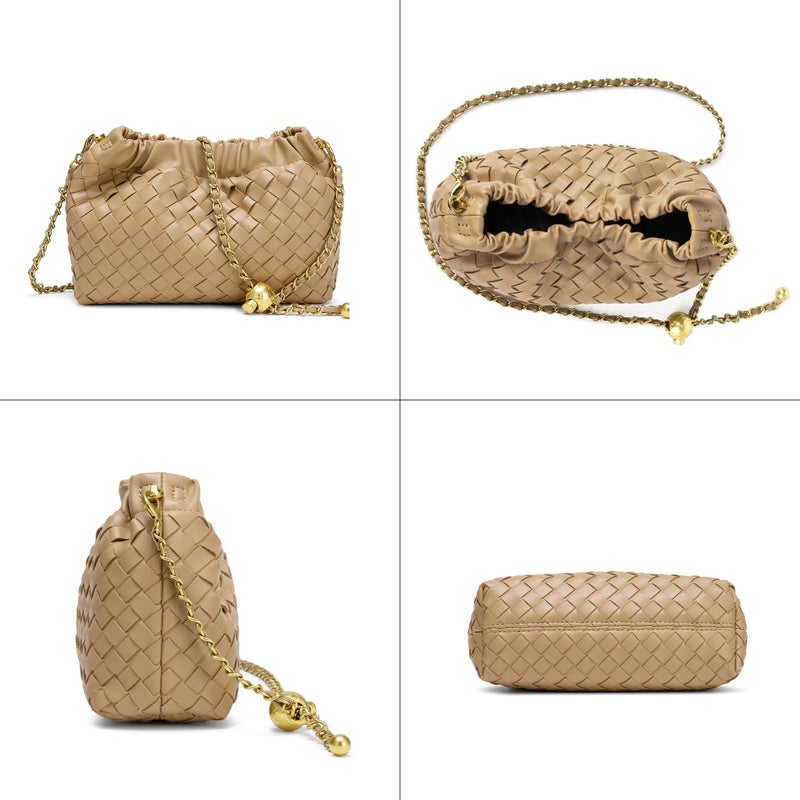 Joryin Woven Women's Crossbody Bag & Evening Purse, Trendy Dumpling Clutch & Hobo Cloud Shoulder Bag Trendy Dumpling Clutch Vegan Leather, Light Brown - Image 4