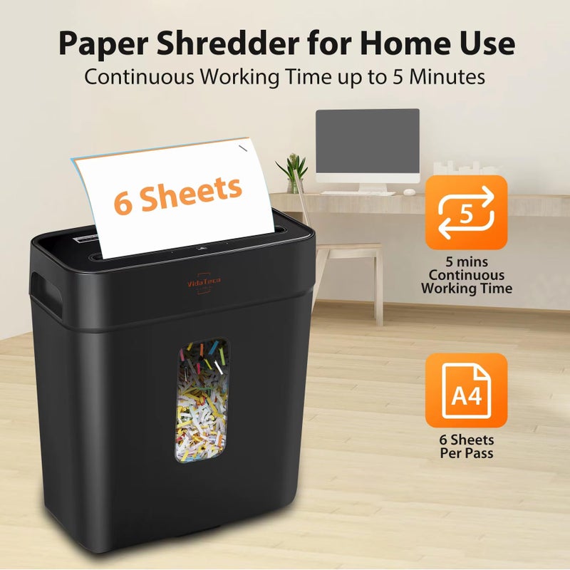 VidaTeco Paper Shredder for Home Use 6-Sheet Cross-Cut Shredder,Also Shred Card/Clip/Staple,P-4 Higher Security,Small Document Shredding Machine for Office,Heavy Duty with Jam Proof,3.04-Gal Bin - Image 3