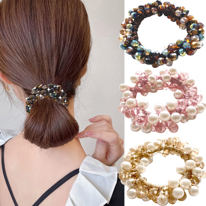 EZWOO Crystal and Pearl Hair Scrunchies Trendy Elastic Hair Ties for Girls Stretchy Hair Bands for Ponytail Bun 3pcs