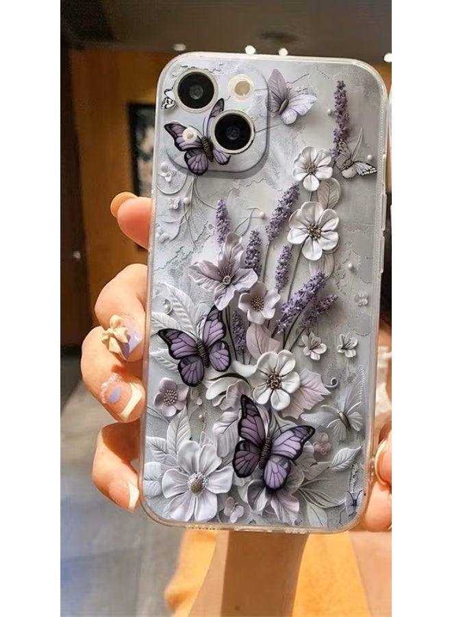 Temu A transparent phone case with a creative design featuring a raised purple floral pattern, compatible with iPhone 15 Plus. Its elegant and creative design is suitable for everyone, making it an ideal gift for friends, family, and loved ones.