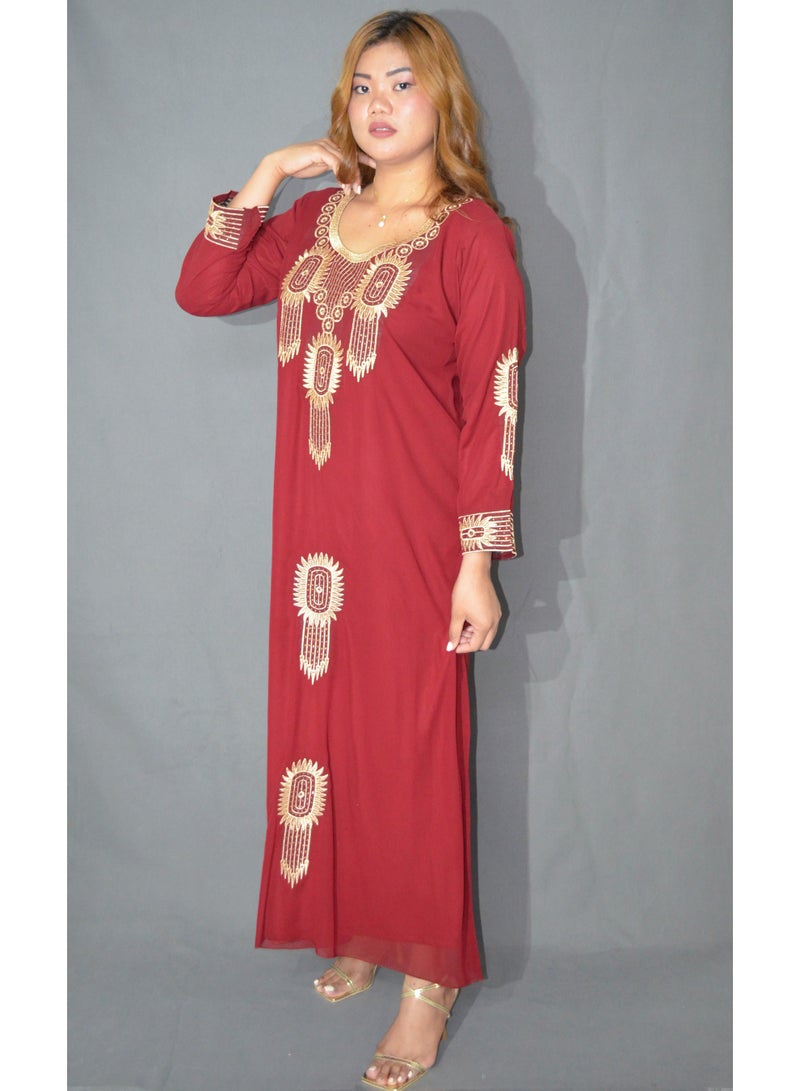 زينة فستان جلابية عربية تقليدية - قماش شيفون ناعم بتطريز ذهبي كثيف وكريستال - قفطان محتشم بأكمام طويلة