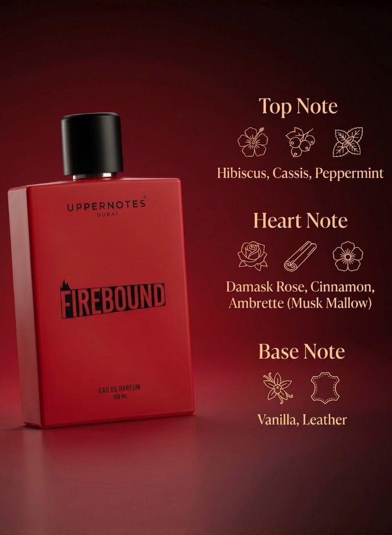 UpperNotes FireBound EDP Unisex Perfume 100ml | Hibiscus Damask Rose Cinnamon Vanilla Leather | Intense Sensual Long Lasting Night Fragrance UAE - Image 2