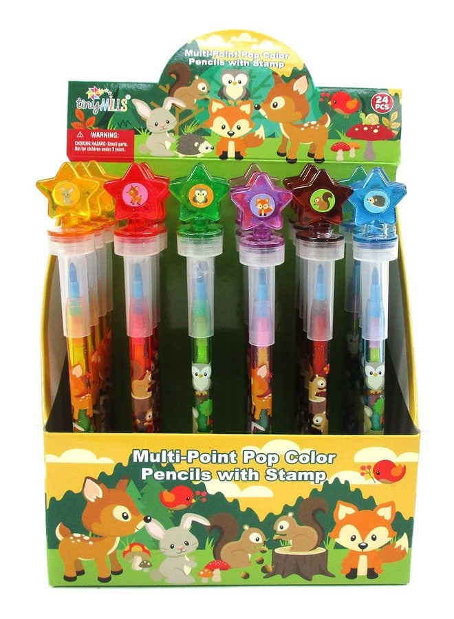 TINYMILLS 24 Pcs Woodland Animals 2 in 1 Stackable Stacking Crayon with Extra Stamper Topper, Kids Party Favors, Goodie Bag Stuffers, Classroom Rewards, Prizes