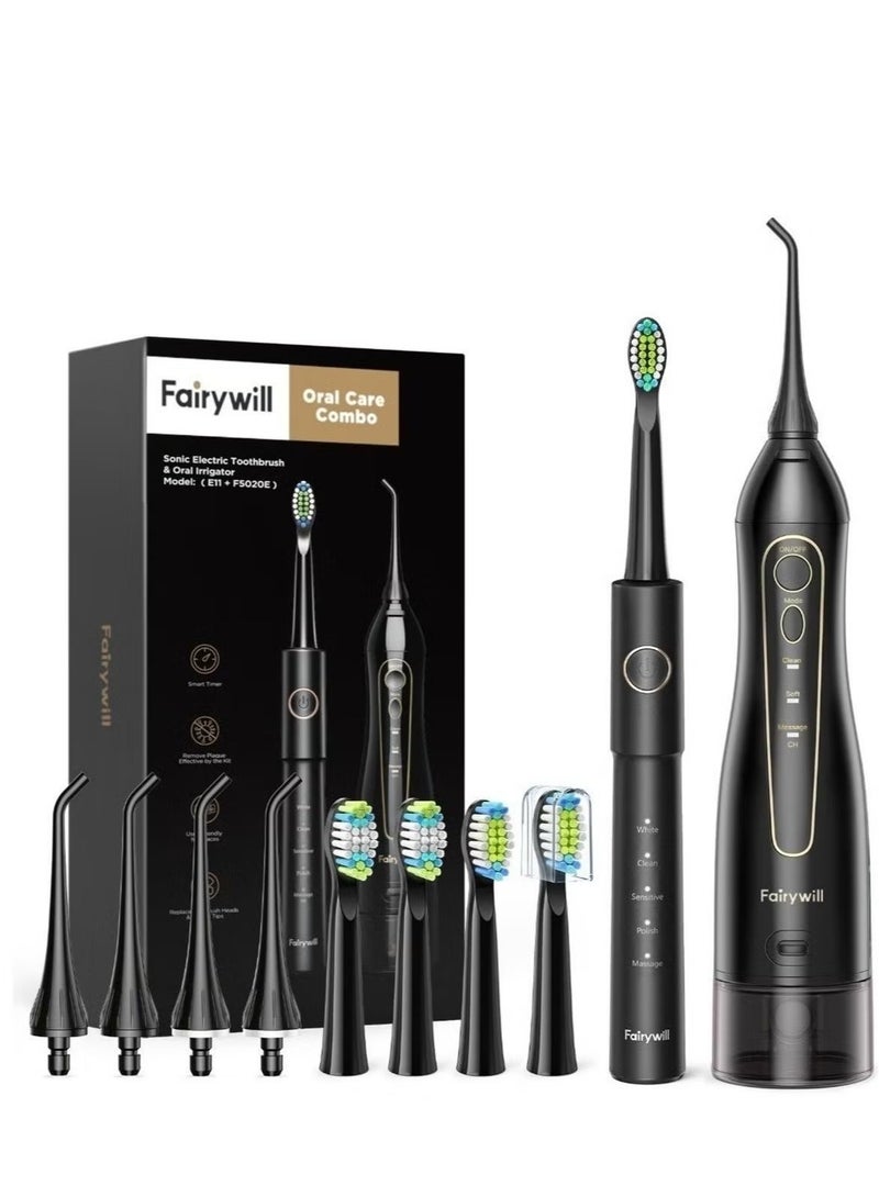 بورتوني ذكي فرشاة الأسنان بالموجات فوق الصوتية وري الفم جهاز تنظيف الأسنان بالماء العناية بالفم كومبو حزمة USB قابلة للشحن 3 طرق 300 مللي 9 قطعة - Image 1