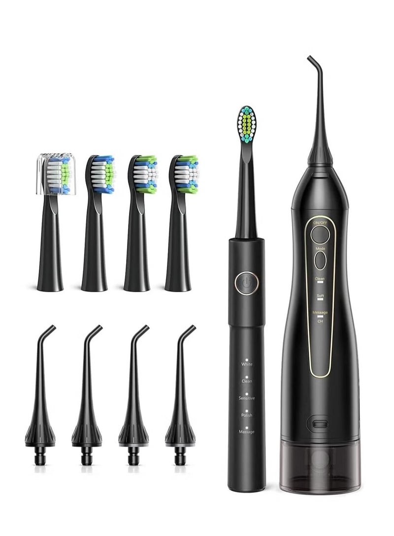 بورتوني ذكي فرشاة الأسنان بالموجات فوق الصوتية وري الفم جهاز تنظيف الأسنان بالماء العناية بالفم كومبو حزمة USB قابلة للشحن 3 طرق 300 مللي 9 قطعة - Image 2