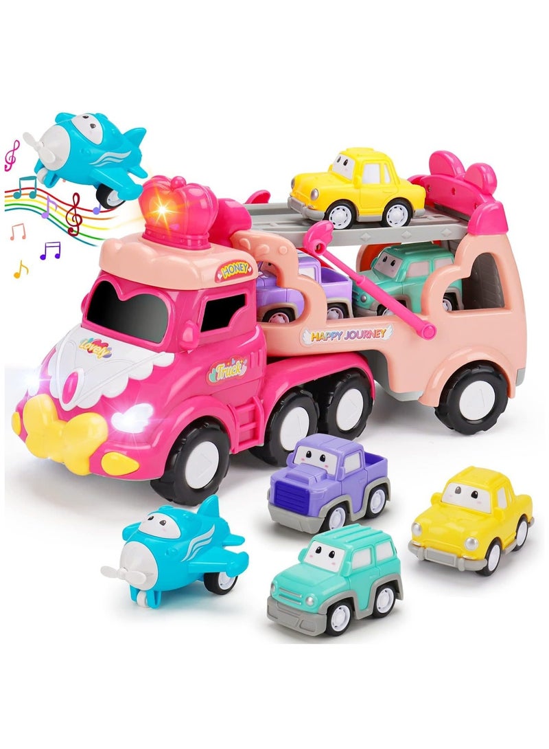 Excefore 5 in 1 Transport Toy Trucks for Toddlers with Lights Music Pink Princess Car Toys for 1 2 3 4 Year Old Girls Carrier Truck Vehicle Little Toddler Girl Toy - Image 1