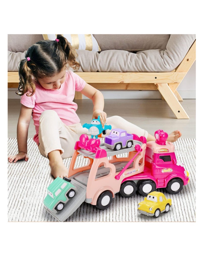 Excefore 5 in 1 Transport Toy Trucks for Toddlers with Lights Music Pink Princess Car Toys for 1 2 3 4 Year Old Girls Carrier Truck Vehicle Little Toddler Girl Toy - Image 2