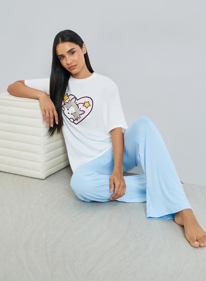 Styli Cat Heart Print T-Shirt and Solid Pyjama Set - Image 1