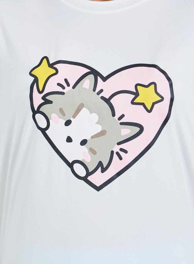 Styli Cat Heart Print T-Shirt and Solid Pyjama Set - Image 4