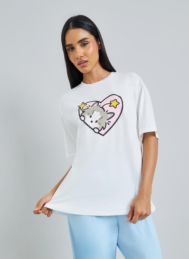 Styli Cat Heart Print T-Shirt and Solid Pyjama Set - Image 3
