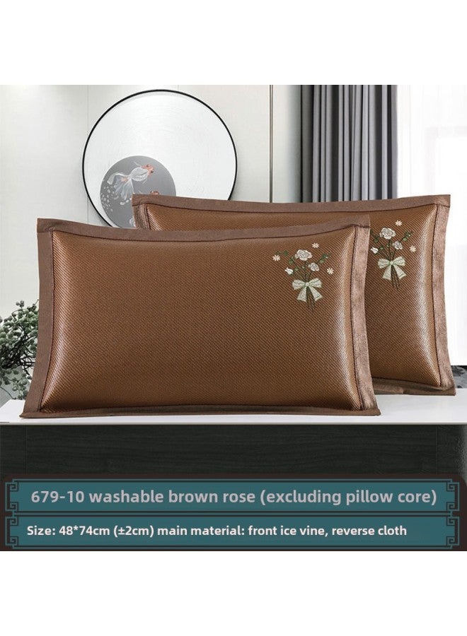 Summer Ice Silk Pillowcase Summer Summer Mat Pillowcase Single Household Student Rattan Pillowcase Cool Adult Pair-Color:Washable Brown Rose 48*74cm-Specifications:Pair Of Pillowcases  - Image 1