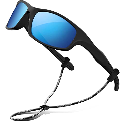 RIVBOS Kids (Age 3-8) Sunglasses with Strap Polarized UV Protection Flexible Rubber Shades for Boys Girls RBK003-2 Black Ice Blue Lens - Image 1