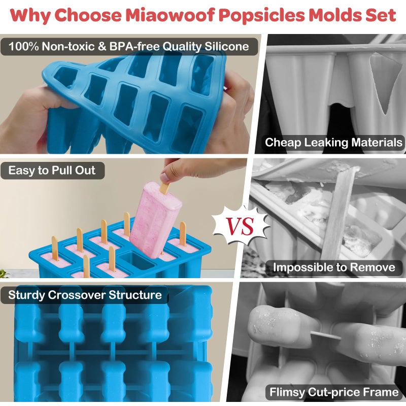Miaowoof Homemade Popsicle Molds, 10-Cav Non-BPA Silicone Ice Pop Maker, with 50 Sticks, 50 Bags, 10 Reusable Sticks, Funnel, Brush and Ice Pop Recipe (Blue) - Image 3