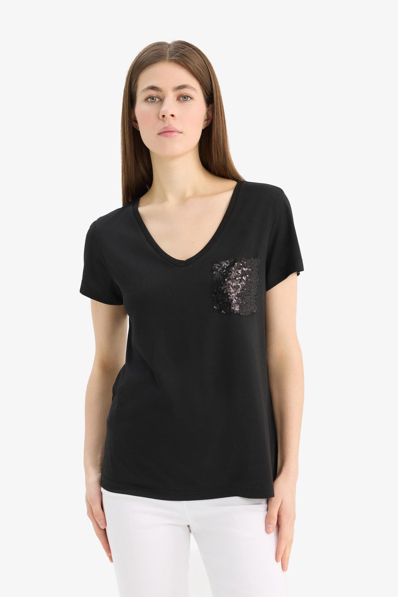 DeFacto Woman Regular Fit V Neck Short Sleeve T Shirt  - Image 3
