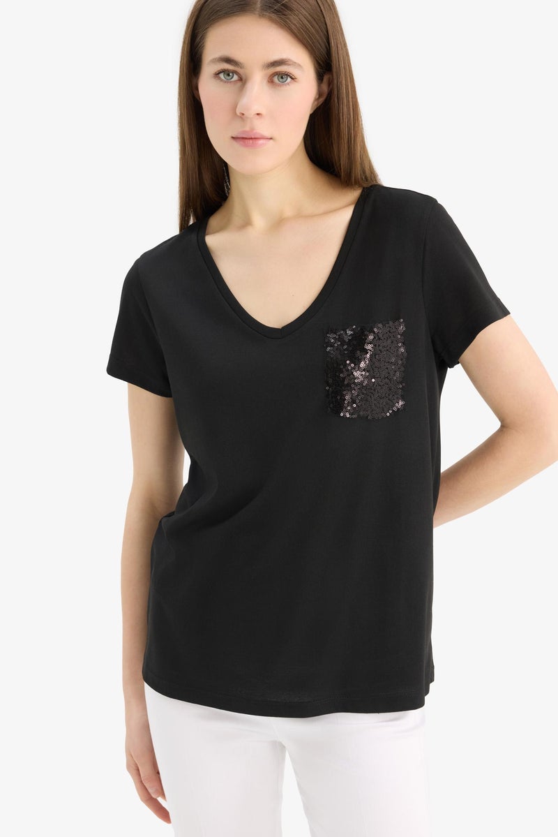 DeFacto Woman Regular Fit V Neck Short Sleeve T Shirt  - Image 1