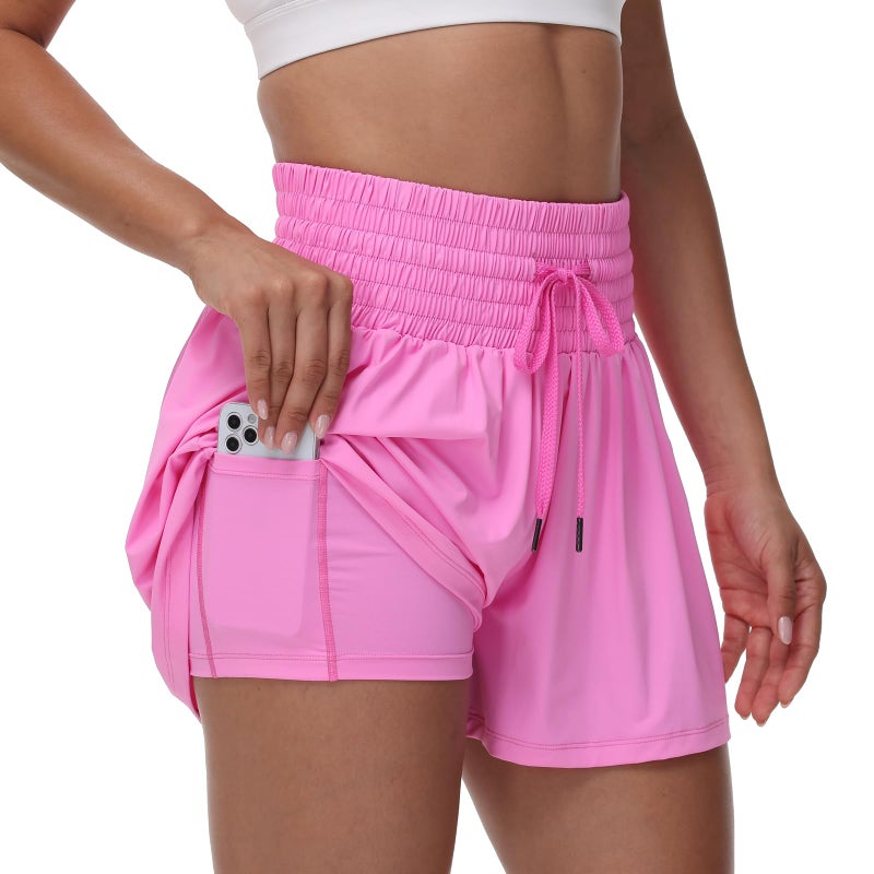 Blaosn Flowy Athletic Shorts for Women Workout Running Gym Yoga Sport Short Pants Sweat Tennis Skirt Skort High Waisted with Pockets Biker Spandex Cute Comfy Lounge Trendy Clothes Casual Summer Hot Pink M - Image 1