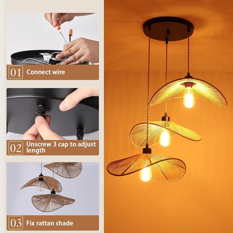 Garwarm Rattan Pendant Light Boho Hanging Light, 3-Lights Handmade Pendant Light Fixture Adjustable Farmhouse 3 Shade Chandelier for Living Room Dining Room Kitchen Bar coffee Foyer Hallway 41cm - Image 3