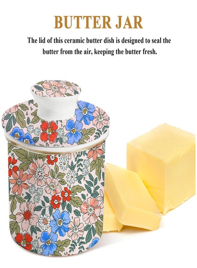 LEAZUL Ceramic Butter Dish With Vintage Pink Floral Print,Cute Flower French Butter Crock for Counter With Water Line Butter Container Keeper Storage Fresh Spreadable Butter with Lid for Home Décor - Image 2